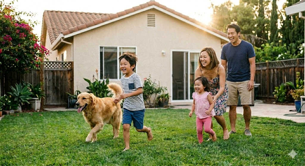 Family playing safely on a treated lawn with their dog
